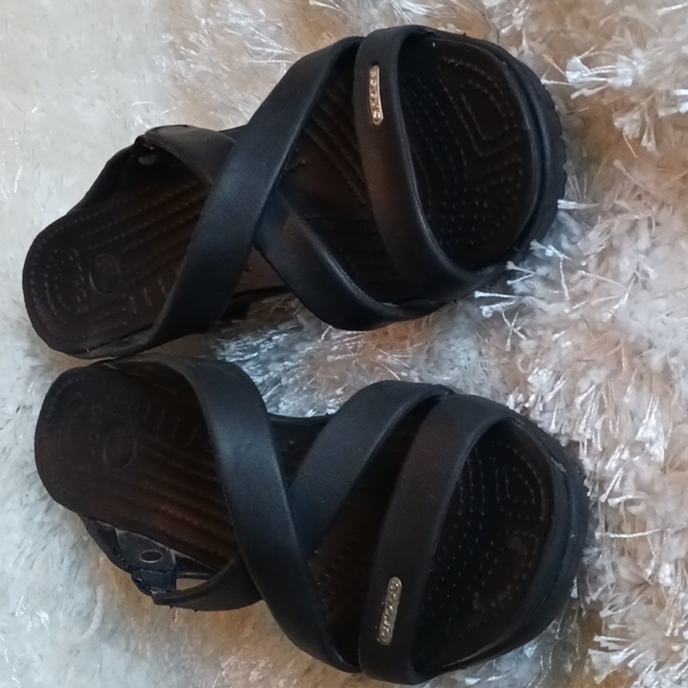 Crocs size 7 High Heel Sandal Cyprus Womens Black Slip-on Shoes